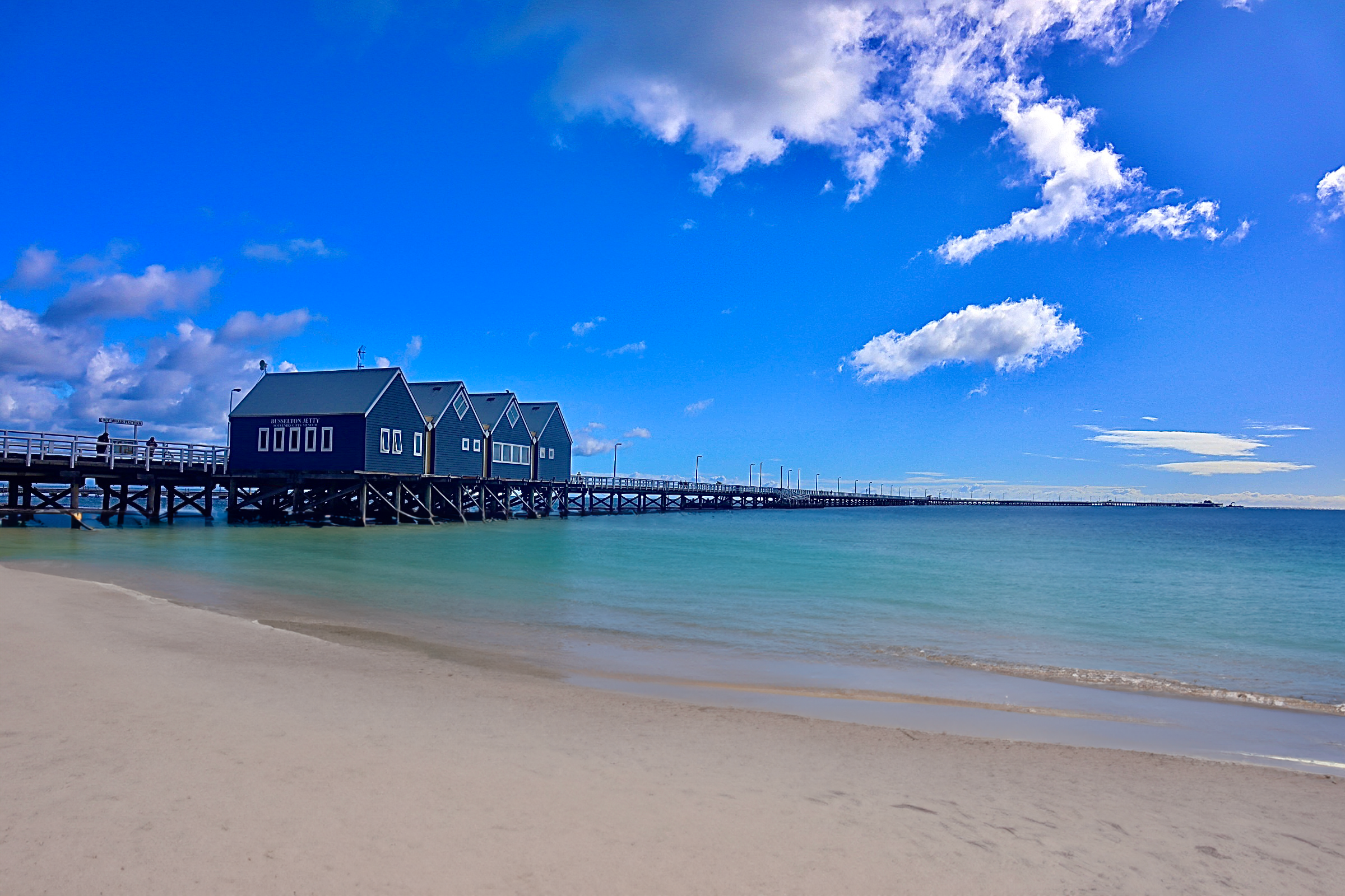 Busselton Jetty photo on board shorts recycled plastics