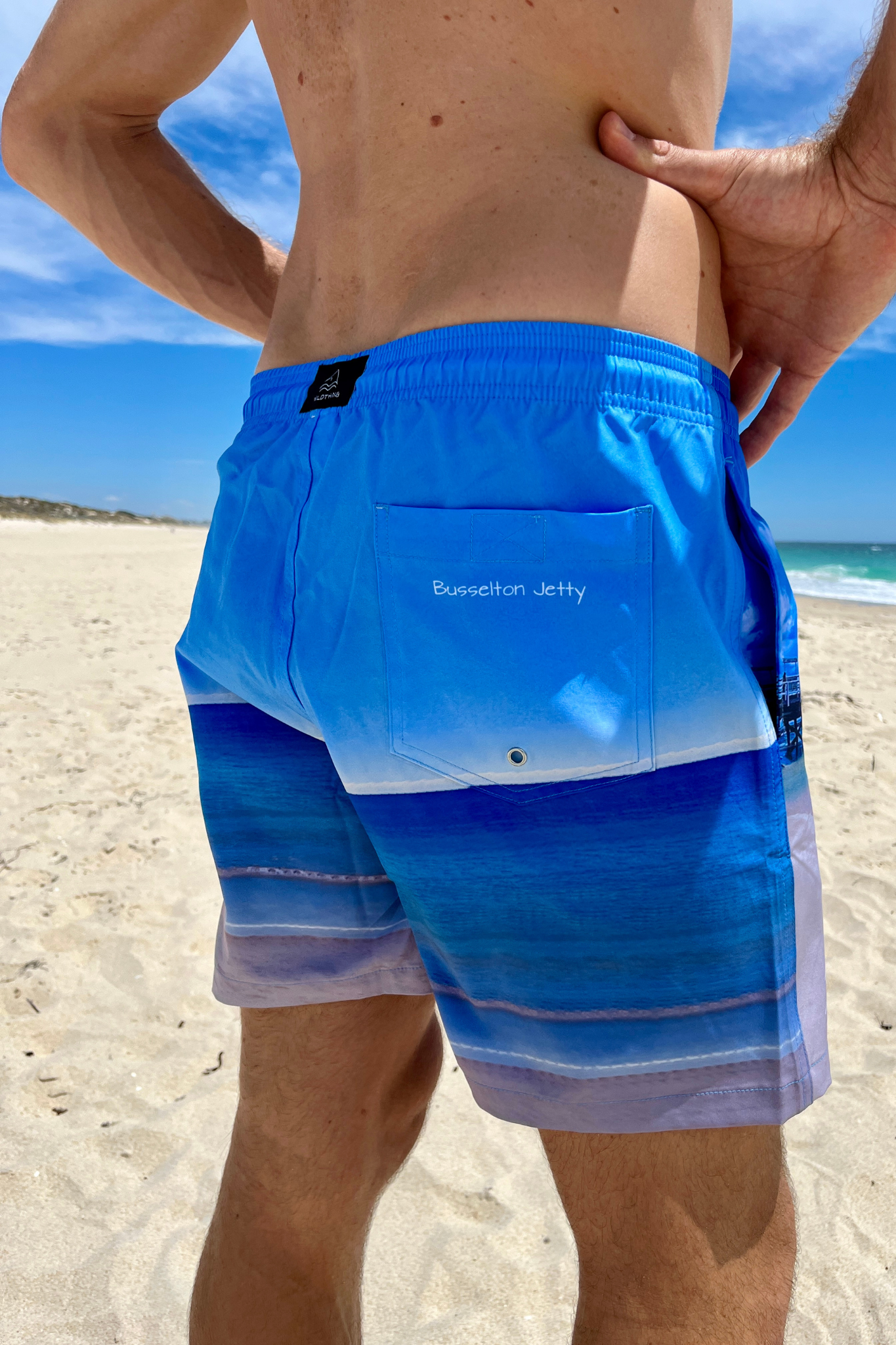 Busselton Jetty recycled photos on boardshorts