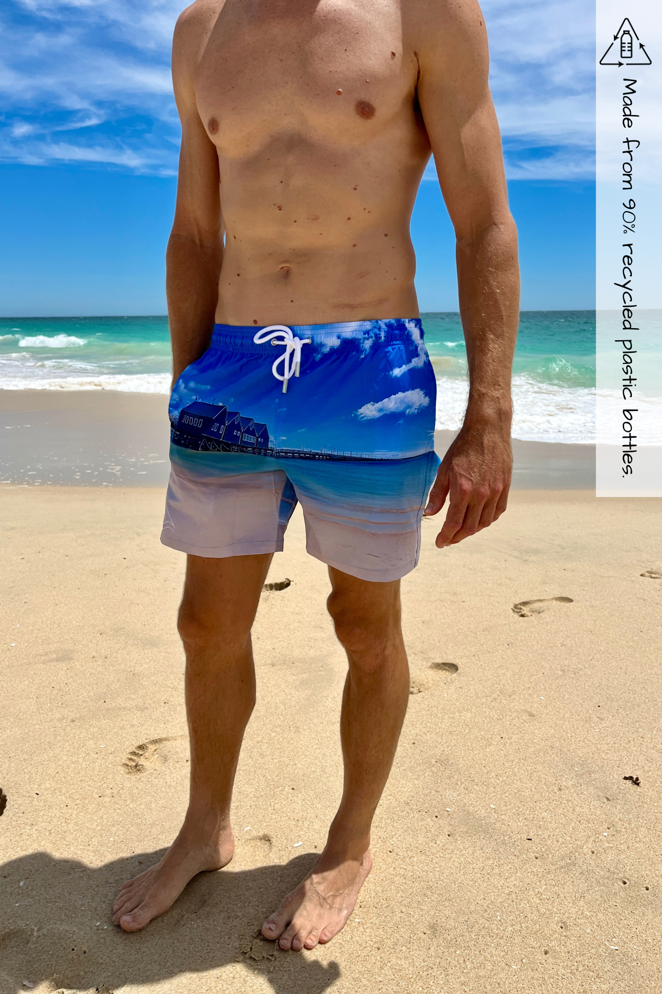 Busselton Jetty recycled photos on boardshorts