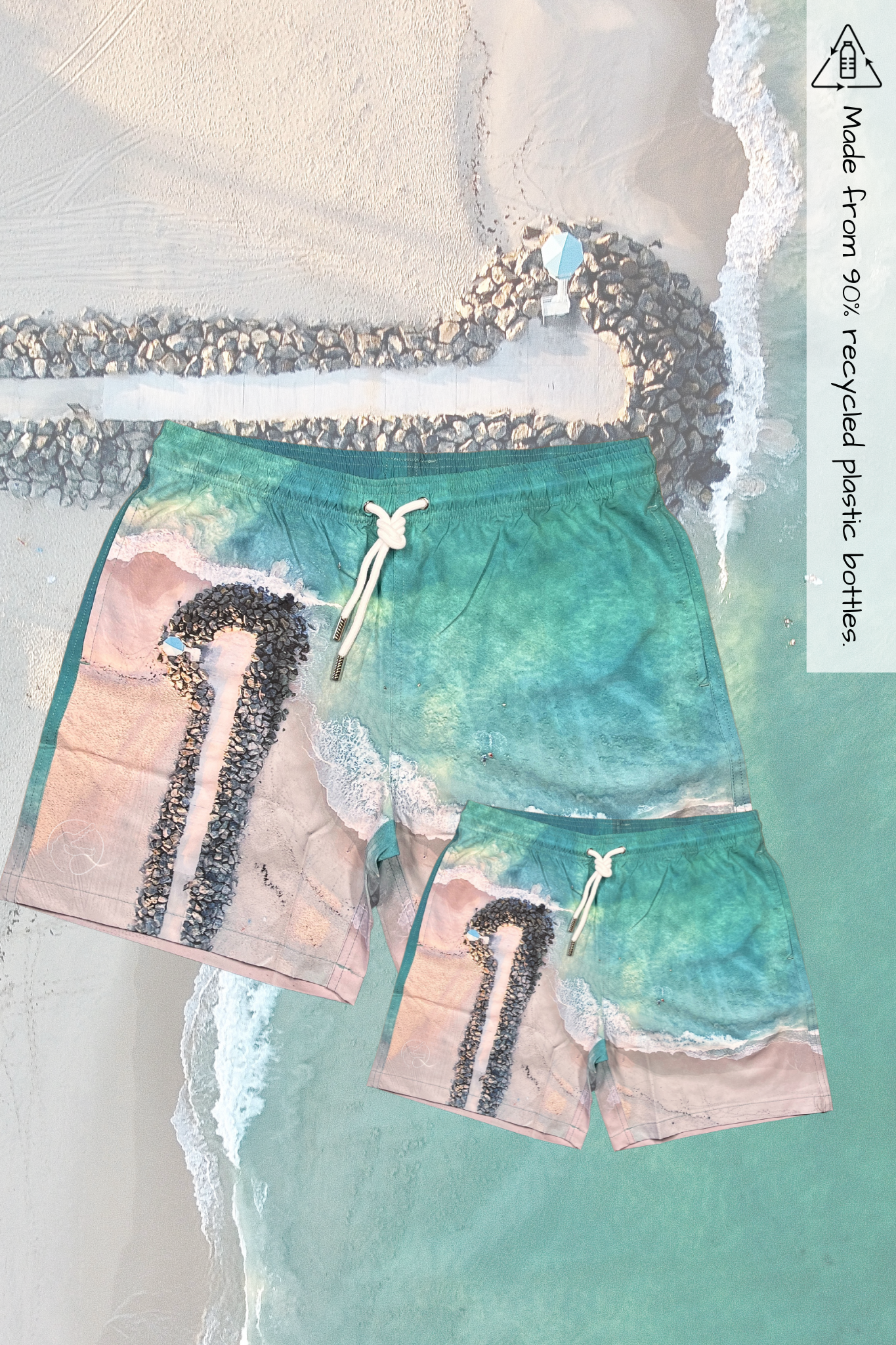 Mens and kids matching recycled boardies, City Beach, front