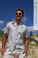Recycled mens shirt in beige featuring hand drawn print