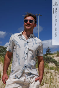 Recycled mens shirt in beige featuring hand drawn print