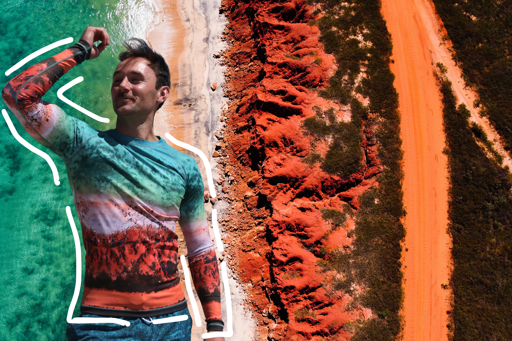 Man wearing shoreline rashgaurd featuring image of James Price Point