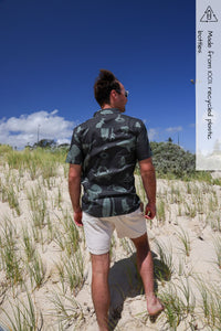 Charcoal mens recycled shirt with hand drawn print. Mens whale shark shirt