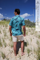 Mens recycled shirt in turquoise printed with hand drawn detail - back