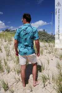 Mens recycled shirt in turquoise printed with hand drawn detail - back