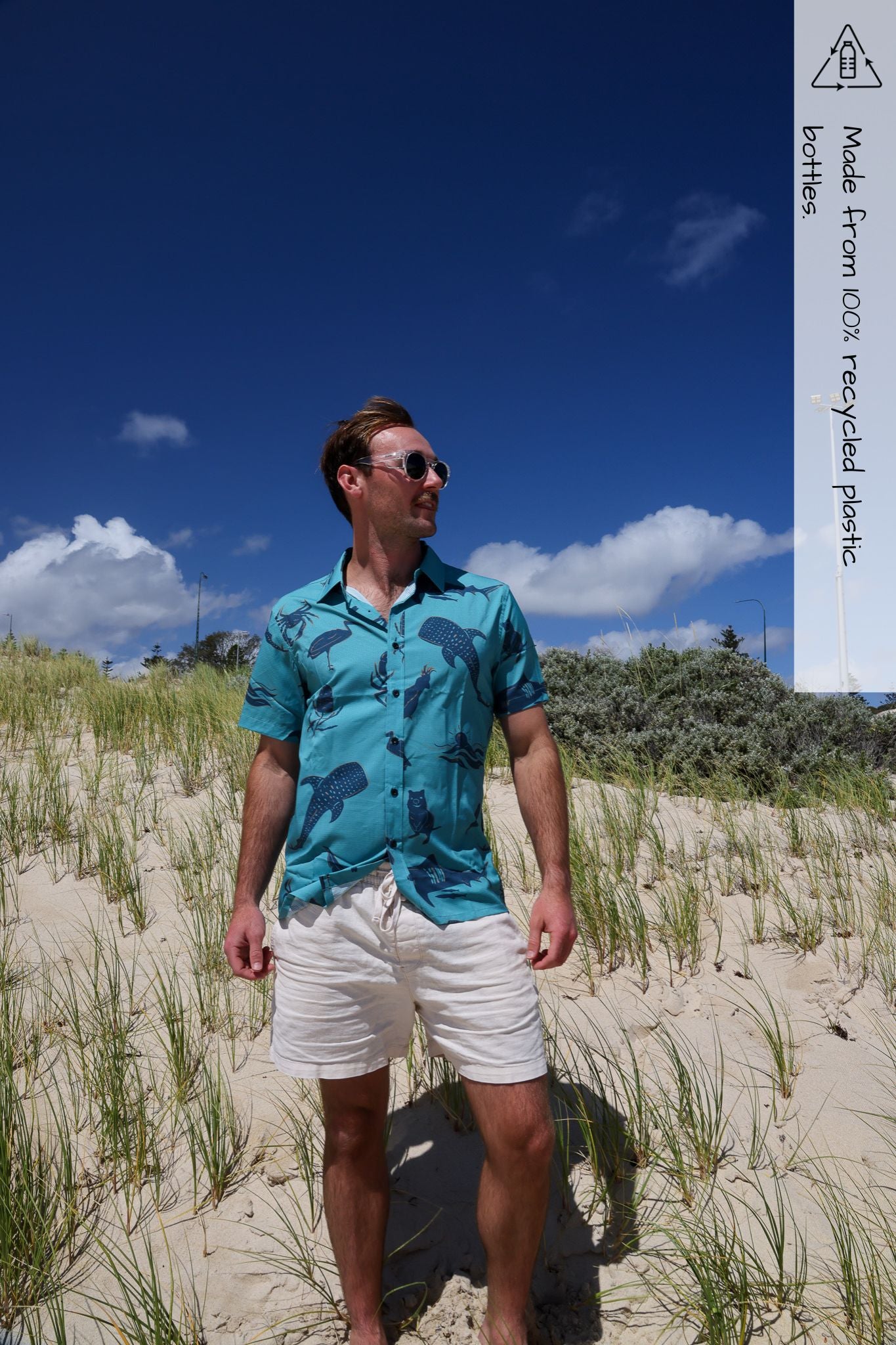 Mens recycled shirt in turquoise, front view with hand drawn print