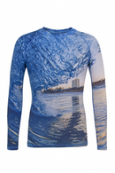 Sorus Shoreline Rashguard design render with image of Scarborough beach