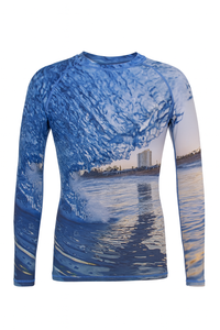 Sorus Shoreline Rashguard design render with image of Scarborough beach